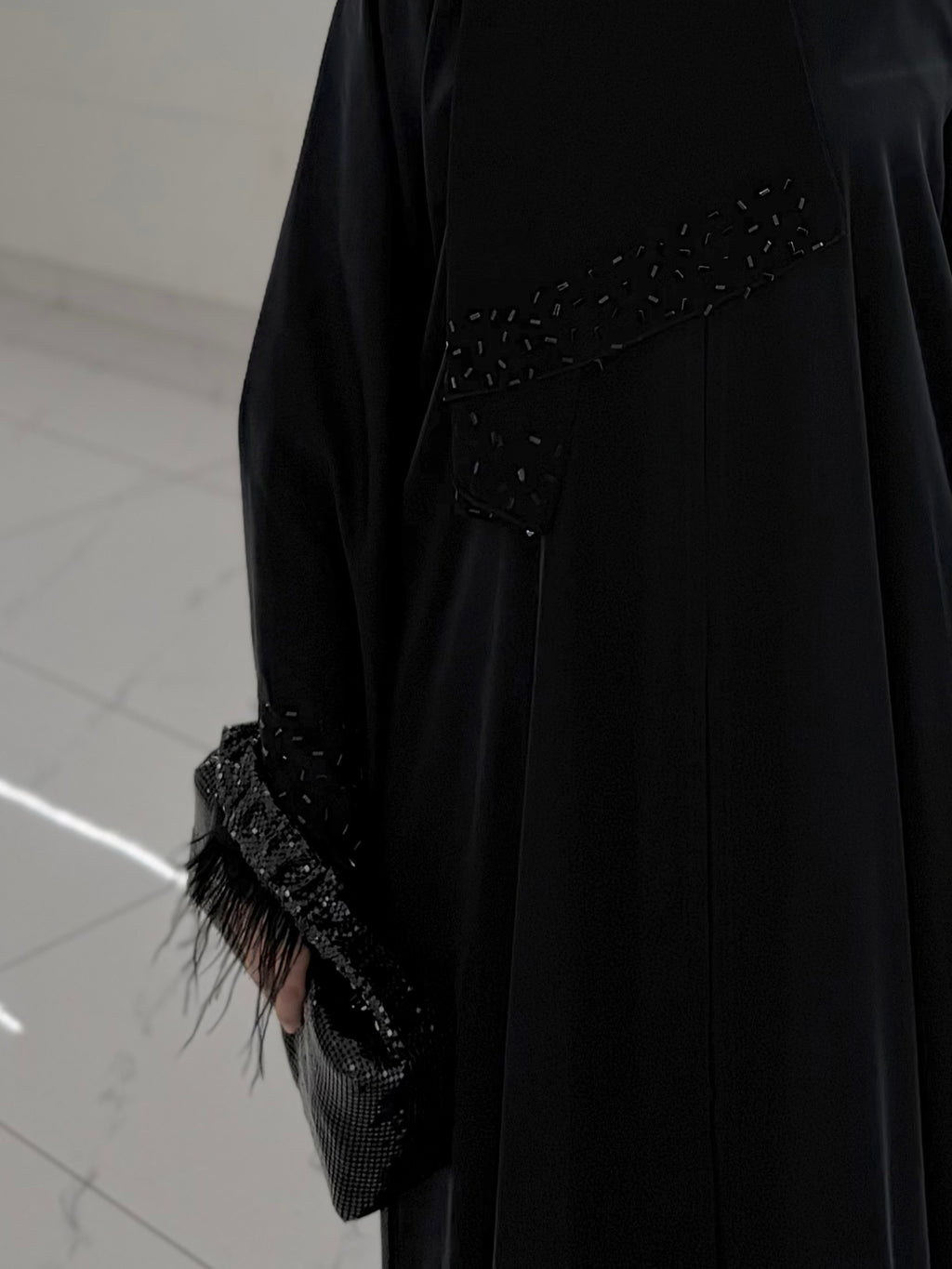 Black Feather Trim Embellished Abaya