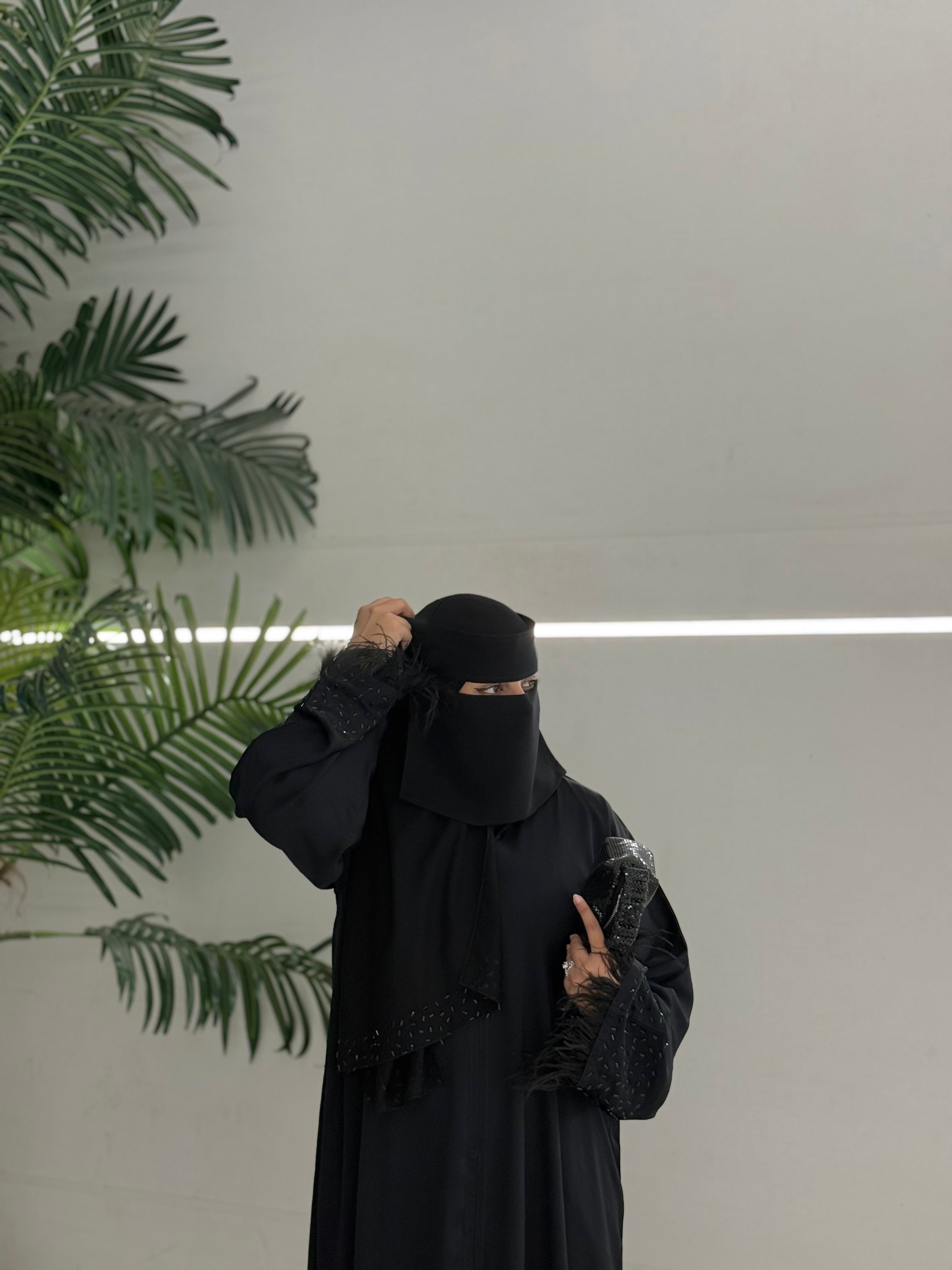 Black Feather Trim Embellished Abaya