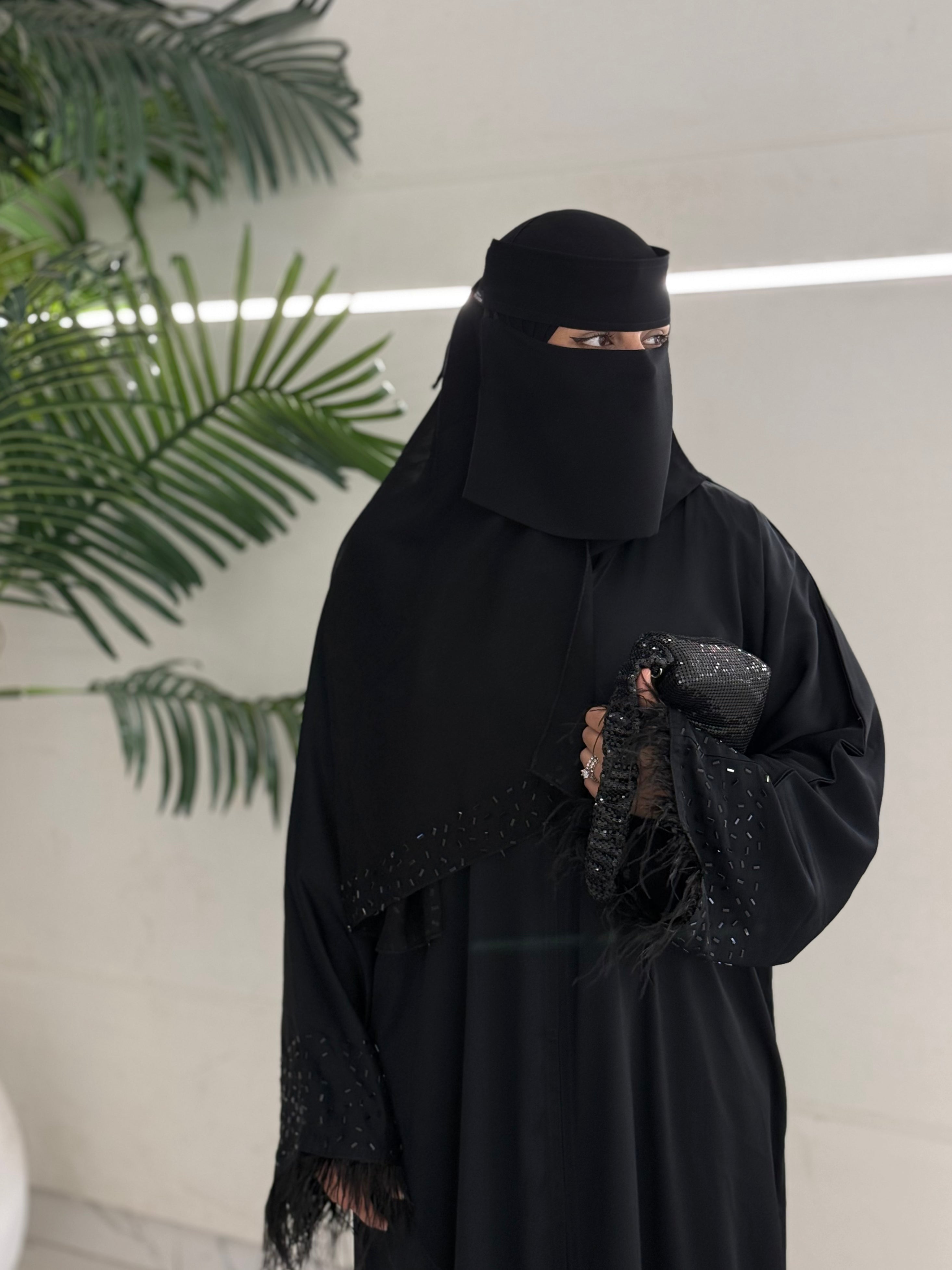 Black Feather Trim Embellished Abaya