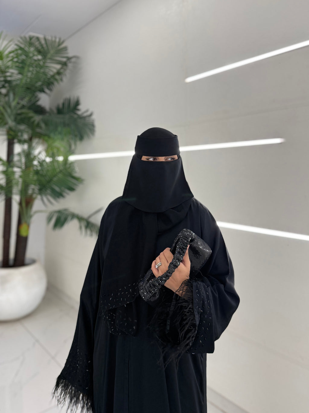 Black Feather Trim Embellished Abaya