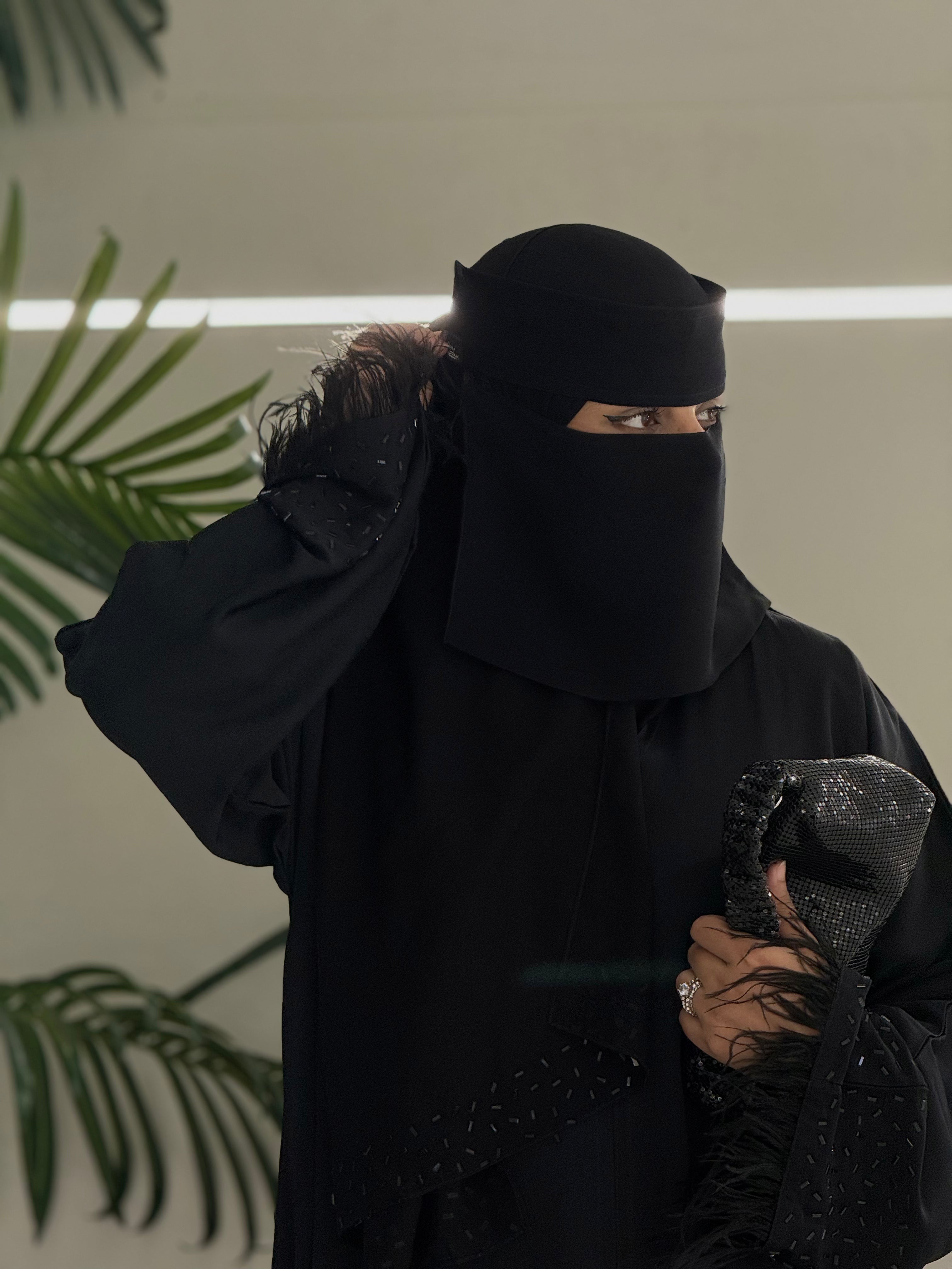 Black Feather Trim Embellished Abaya