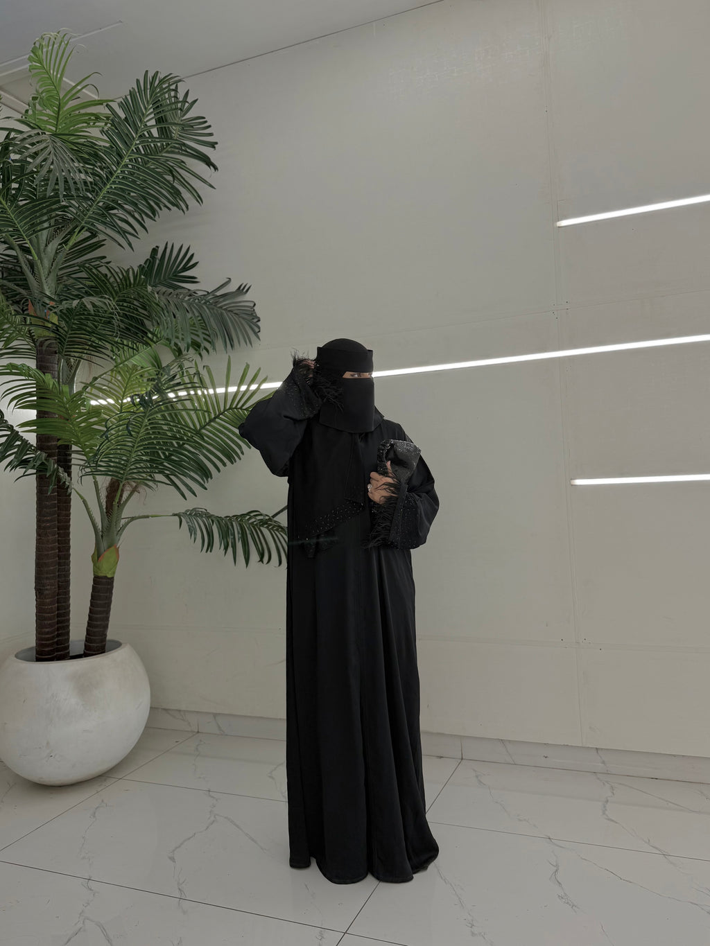 Black Feather Trim Embellished Abaya