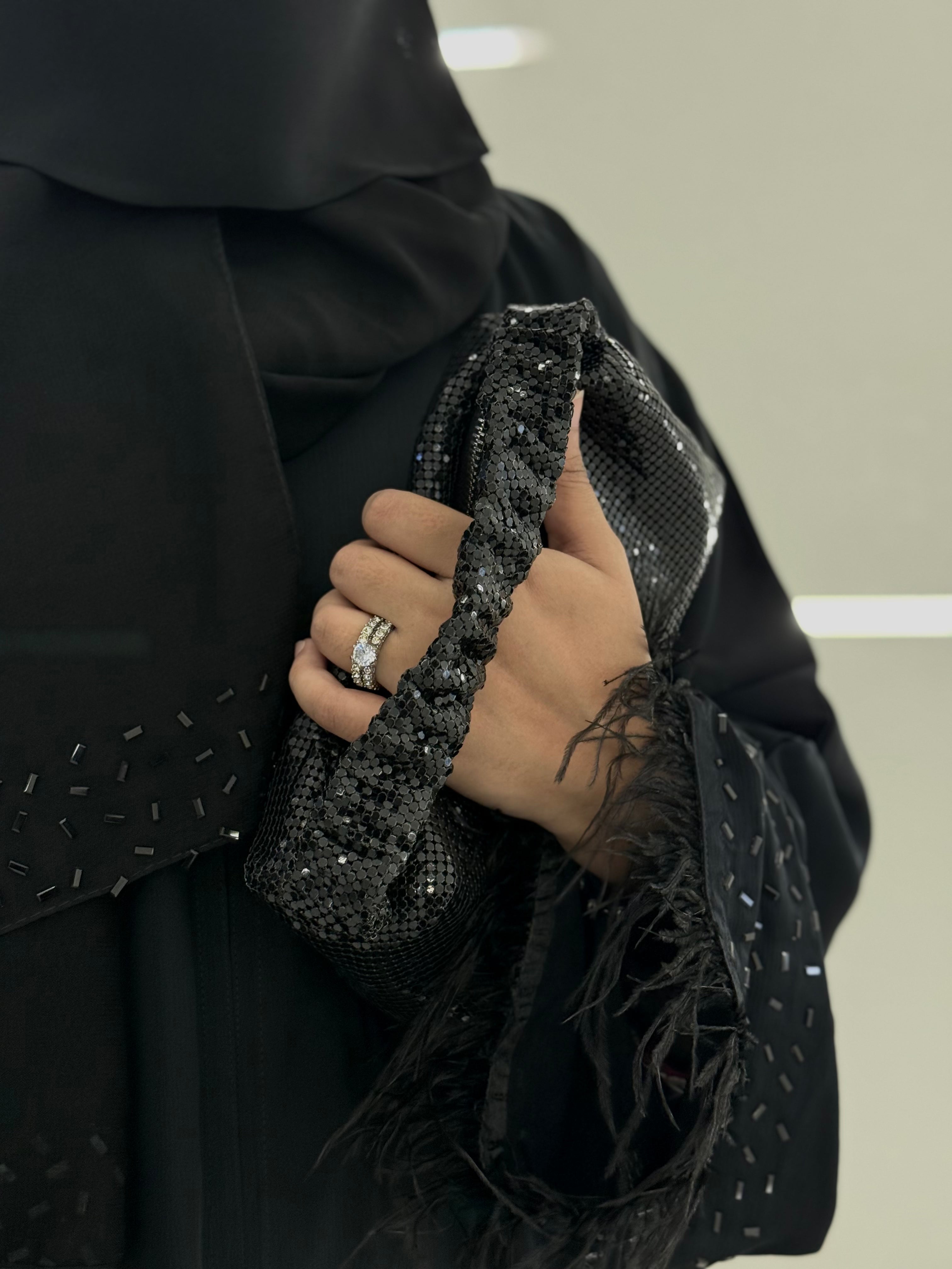 Black Feather Trim Embellished Abaya