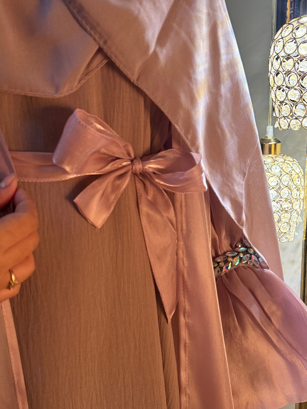 Pink Abaya with Metal Lace Cuff