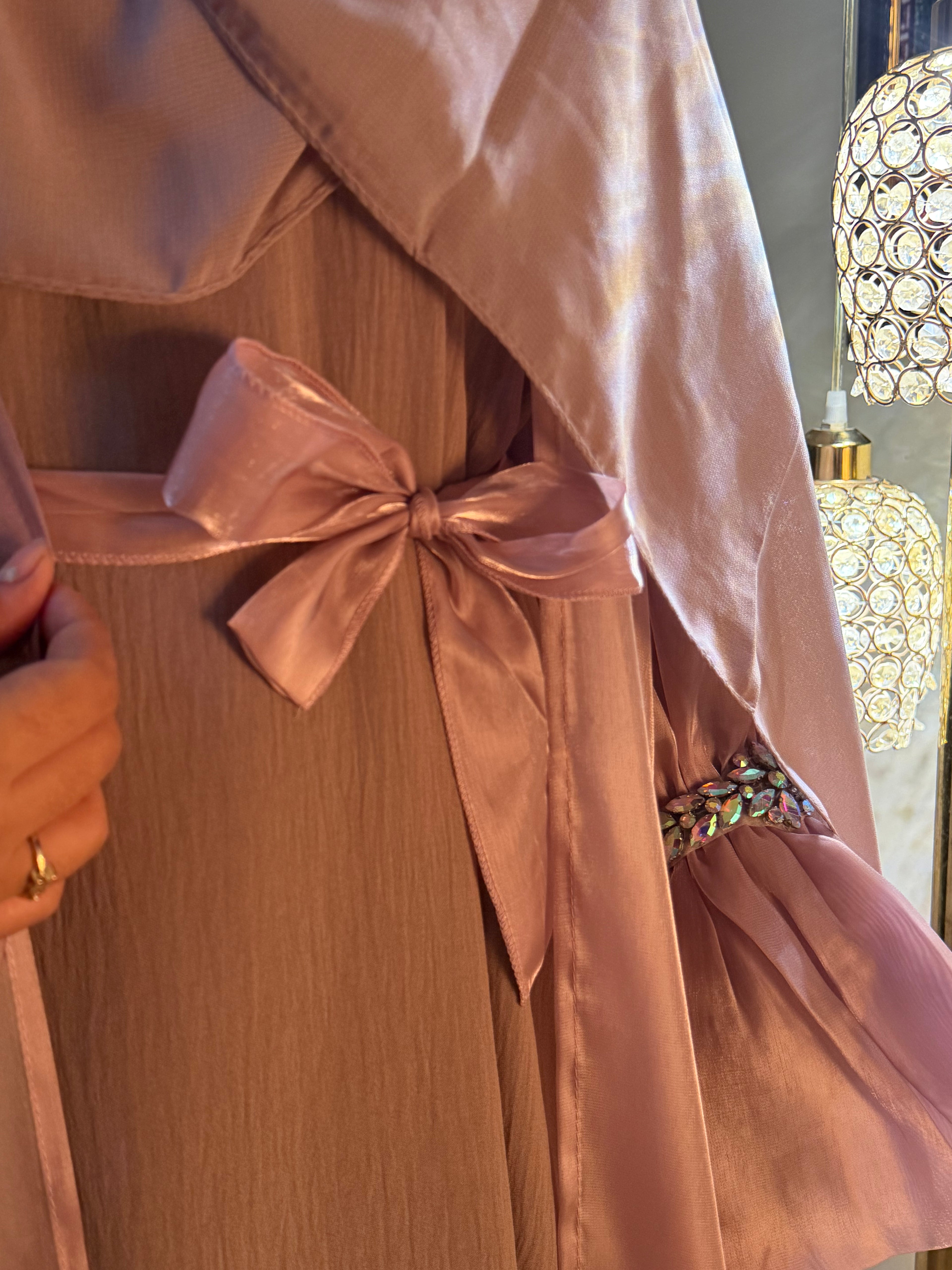 Pink Abaya with Metal Lace Cuff