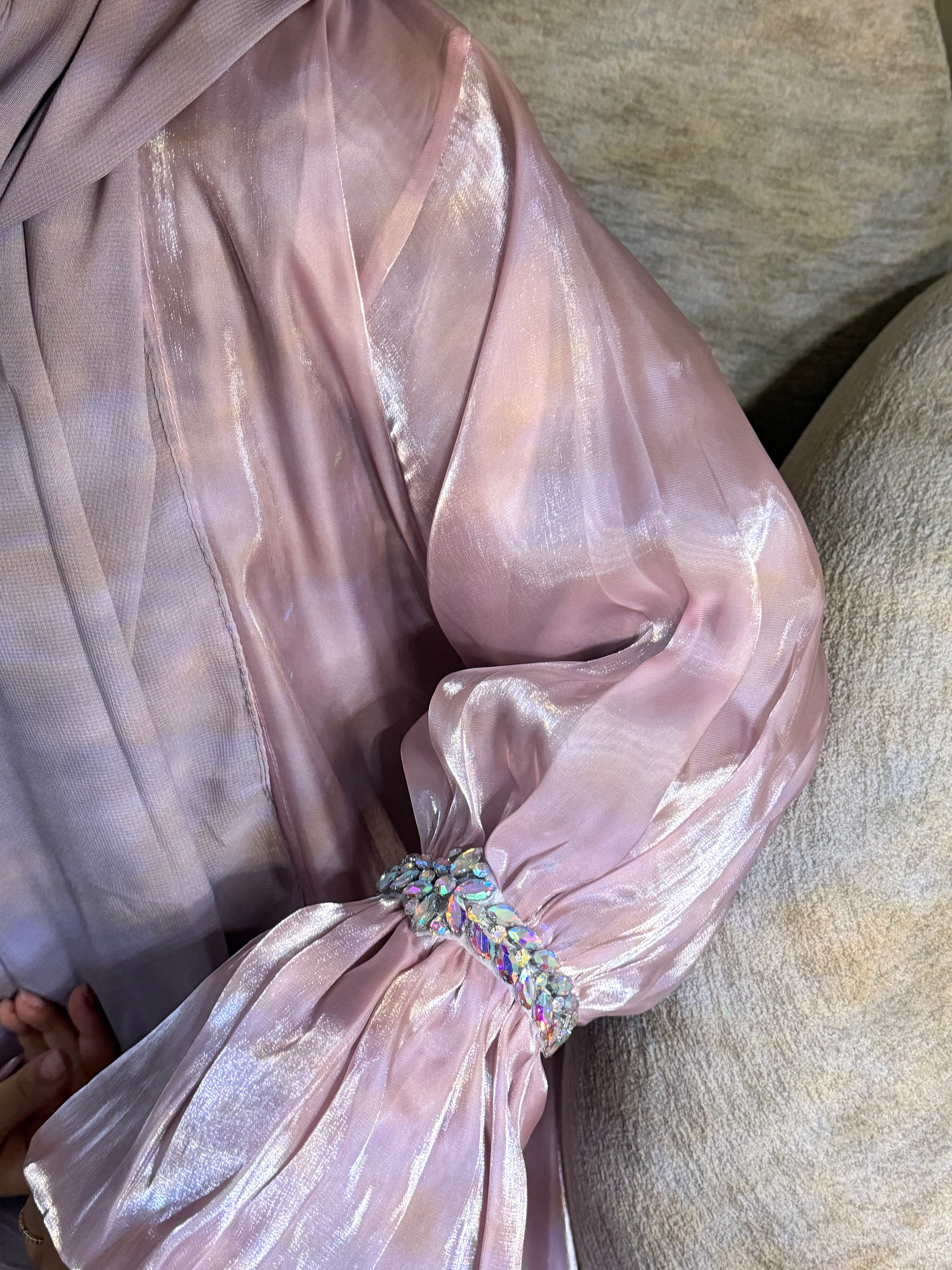 Pink Abaya with Metal Lace Cuff