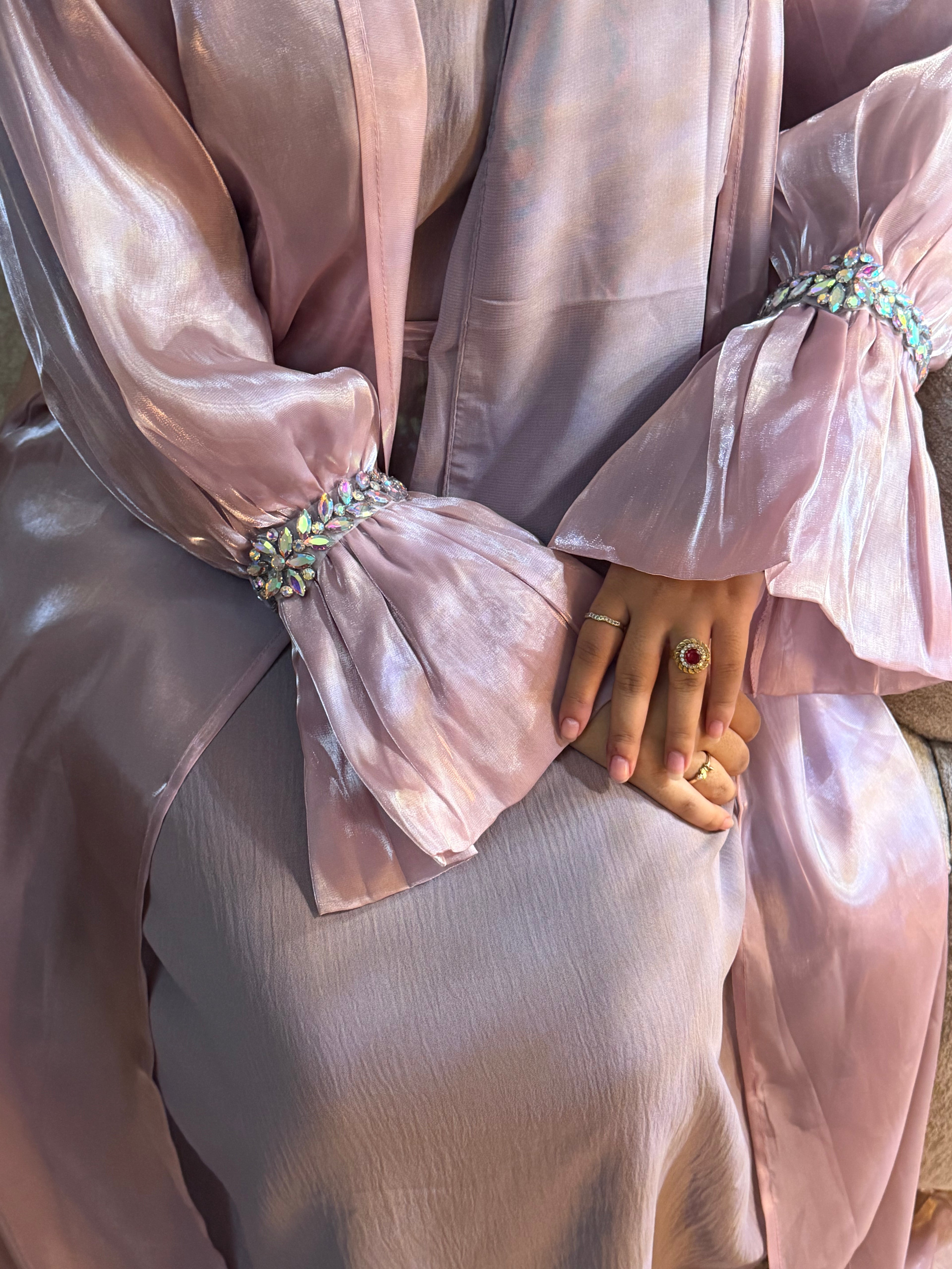 Pink Abaya with Metal Lace Cuff