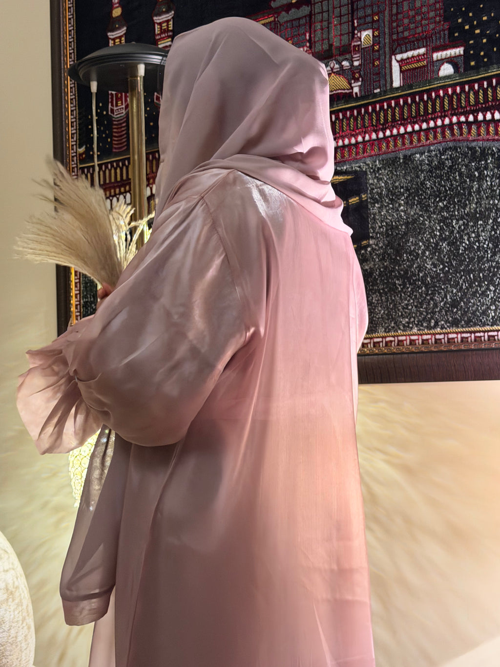 Pink Abaya with Metal Lace Cuff
