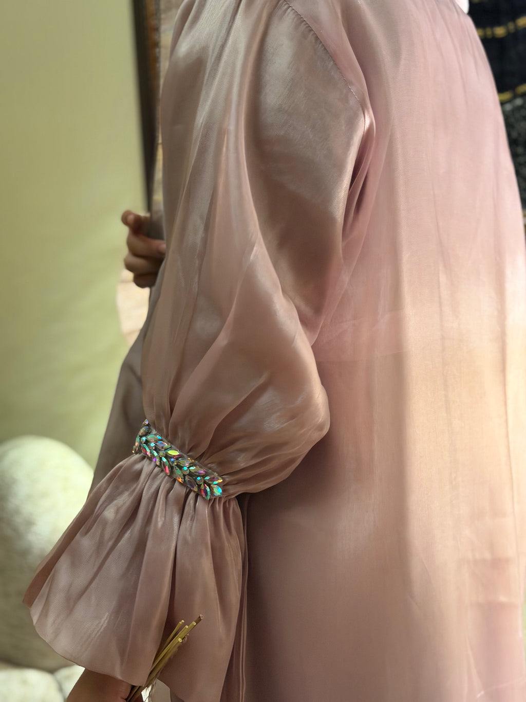 Pink Abaya with Metal Lace Cuff