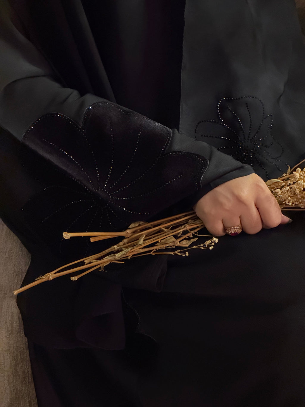 Black velvet flower Abaya