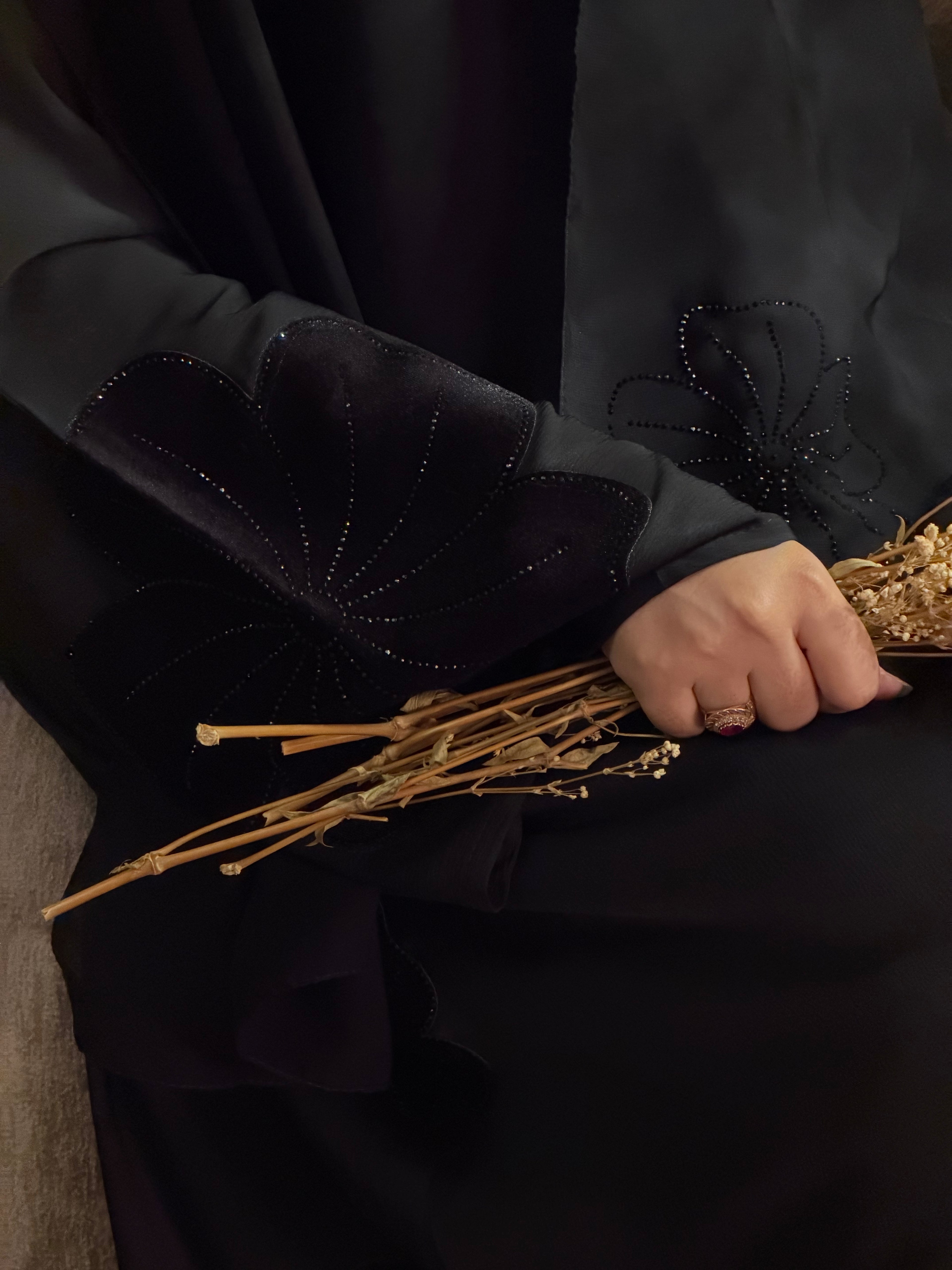 Black velvet flower Abaya