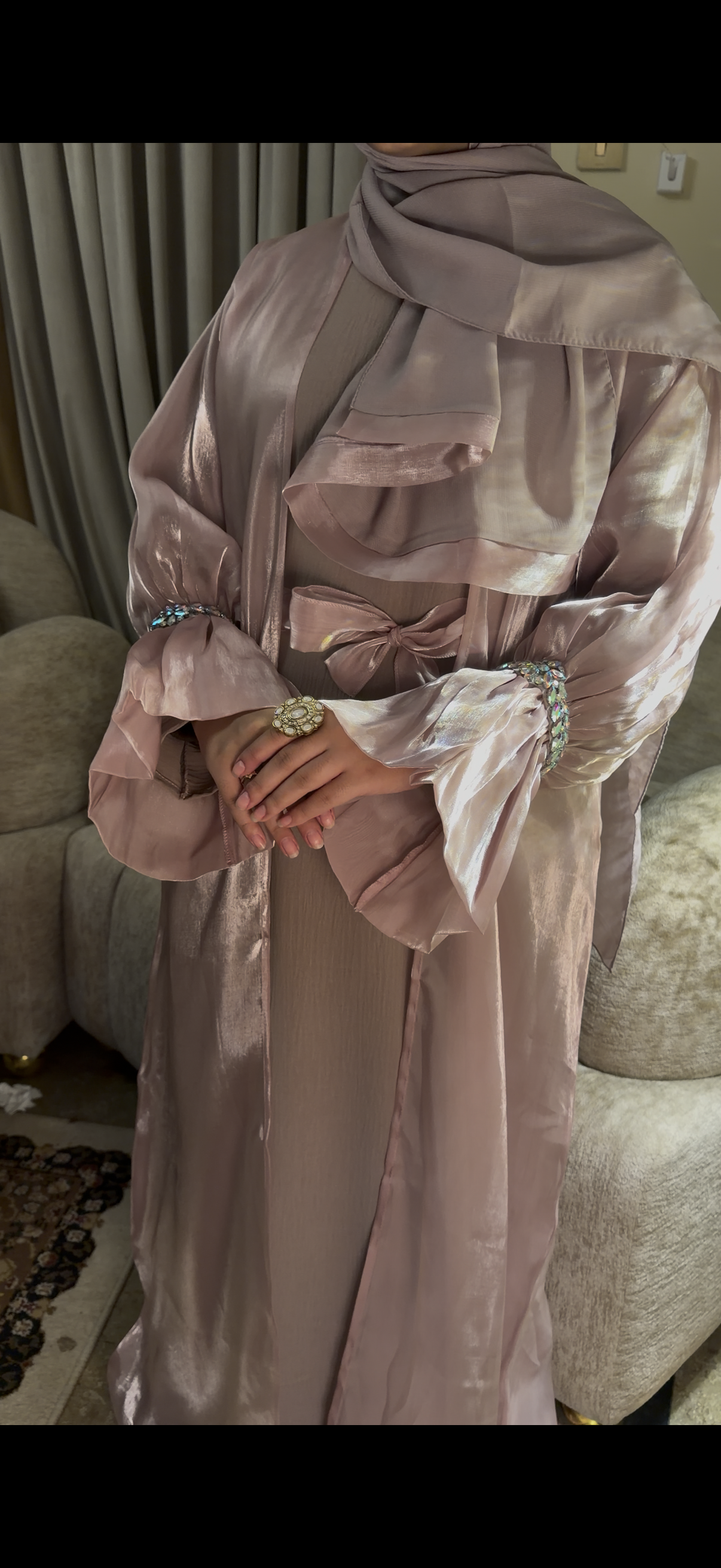 Pink Abaya with Metal Lace Cuff