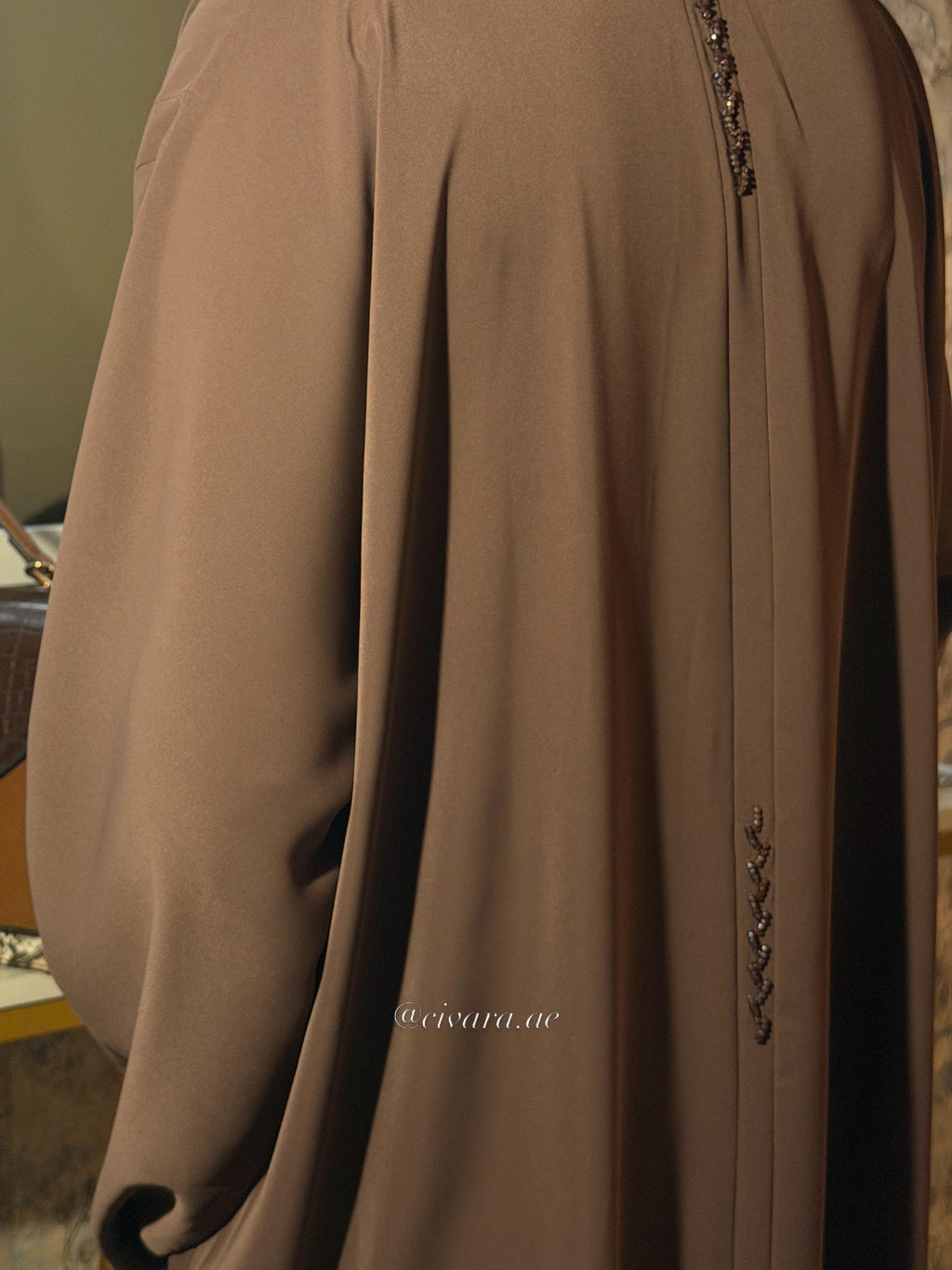 Mocha Beaded Front-open Abaya