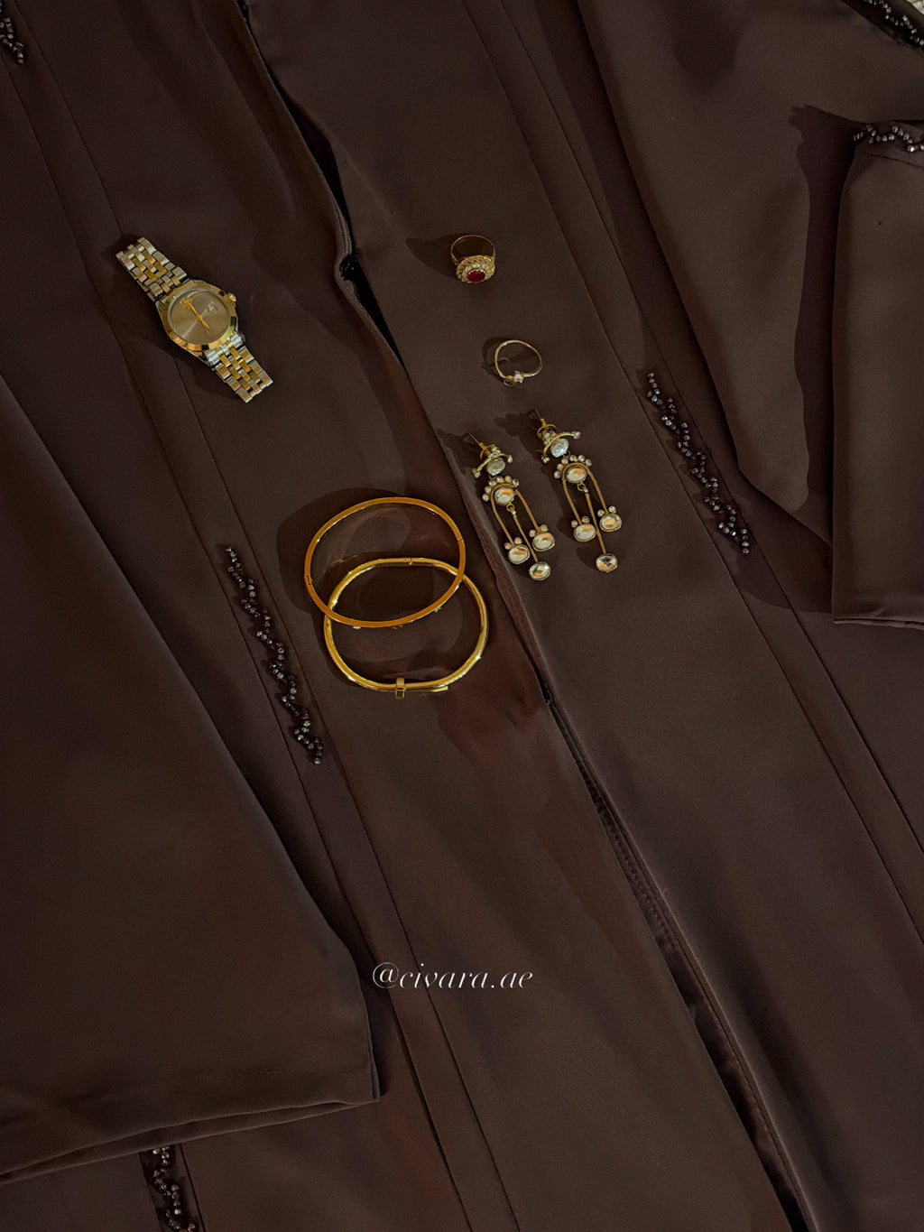 Mocha Beaded Front-open Abaya
